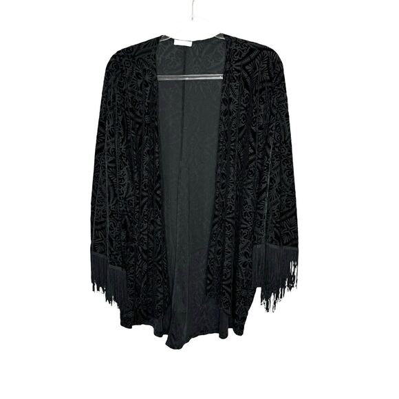 CACHE’ Size S Black Velvet Burnout Fringe Trim Kimono Whimsigoth Witchy - Picture 9 of 10